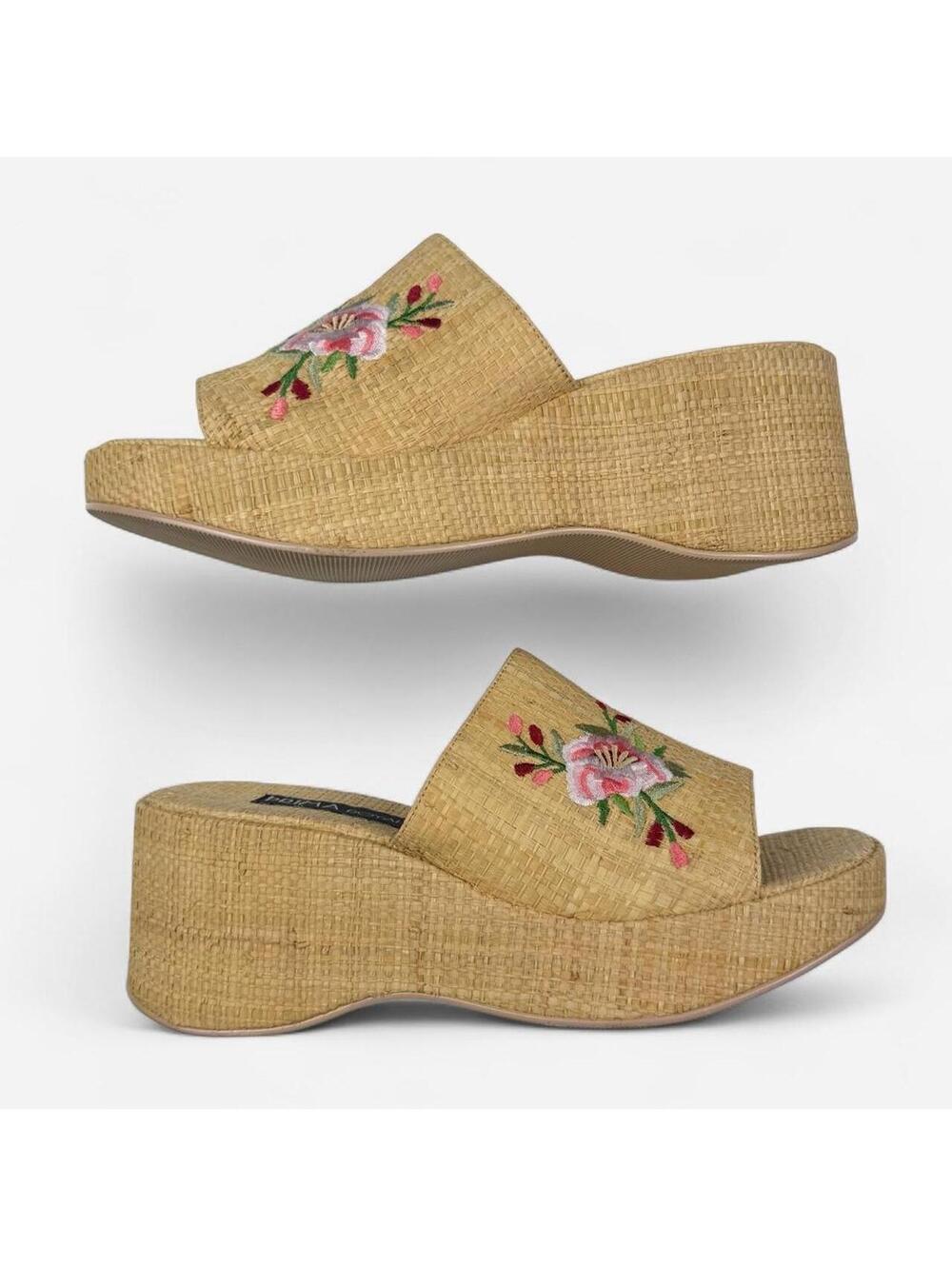 Vintage Y2K Raffia Straw Floral Embroidered Platform Wedge Slide Sandals